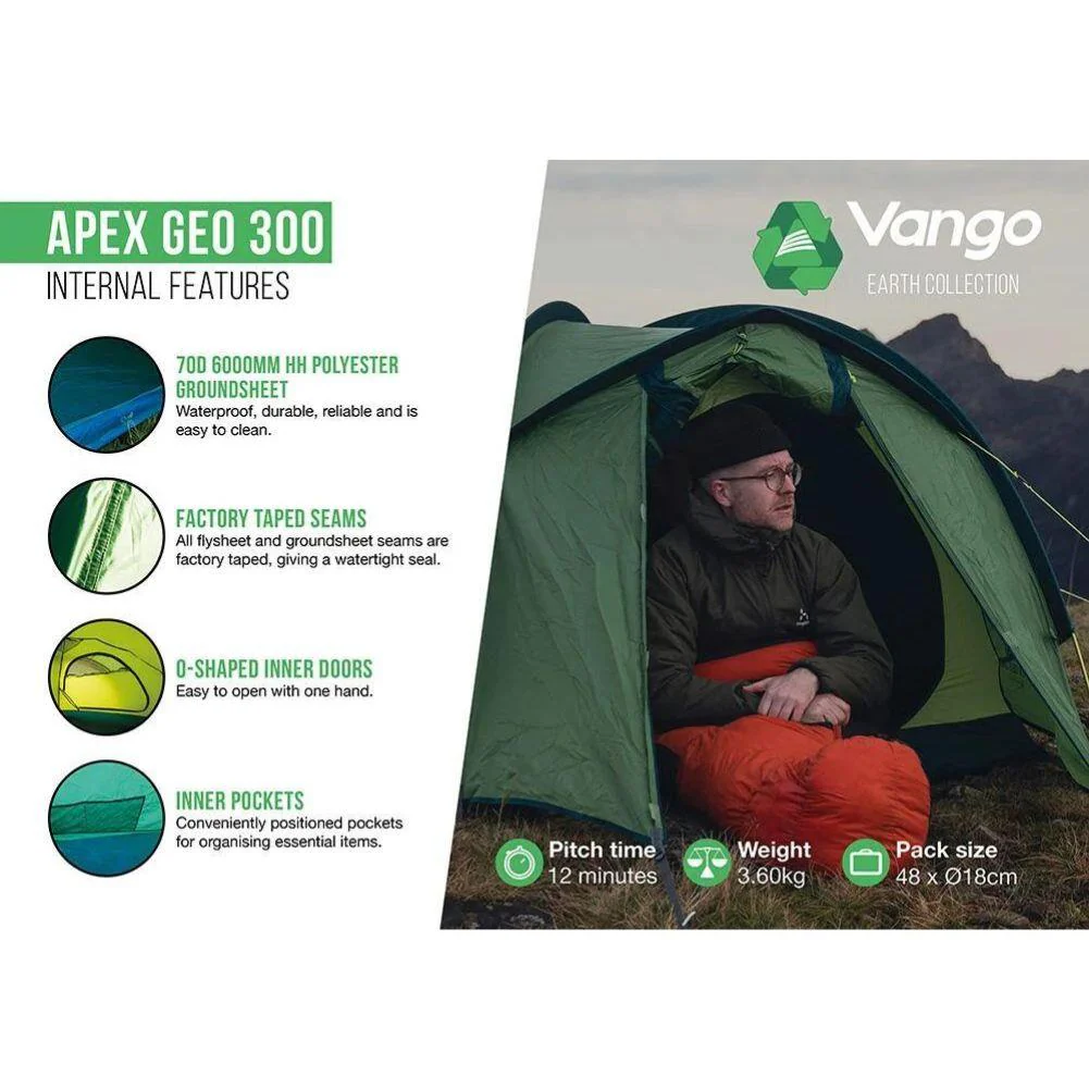 Vango Apex Geo 300 Tent - 3 Man Semi-Geodesic Trekking Tent (Pamir Green) - Image 4