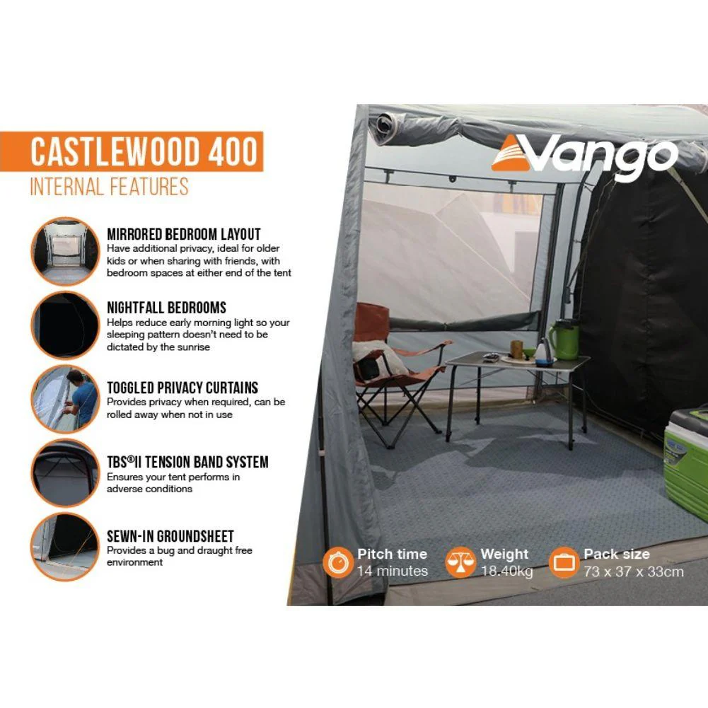 Vango Castlewood 400xl Package Tent - 4 Man Poled Family Tent (Includes Footprint) - Image 5