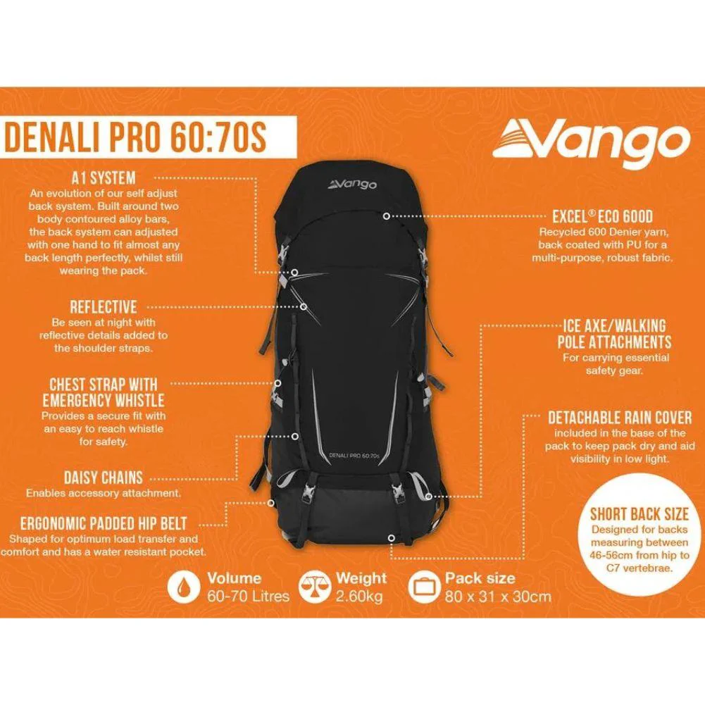 Vango Denali Pro 60:70S Trekking Rucksack - Short Back (Black) - Image 2